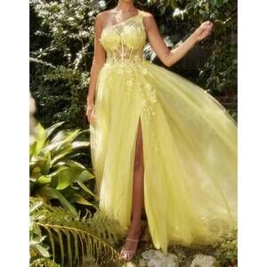 NEW ANDREA & LEO COUTURE one shoulder evening gown in yellow